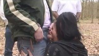 British Goth girl with big tit goes Dogging in the woods